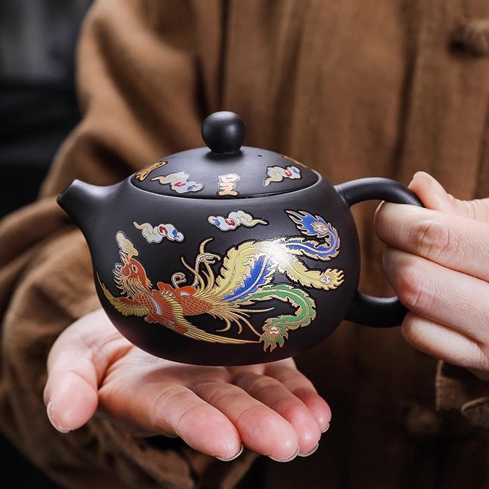 Purple clay teapot with color-changing dragon and phoenix design - essentialdailypicks