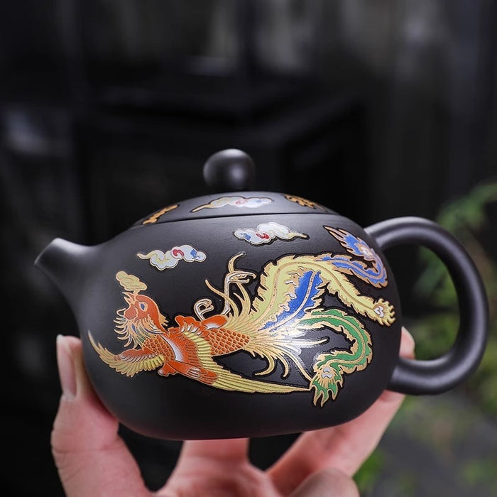 Purple clay teapot with color-changing dragon and phoenix design - essentialdailypicks